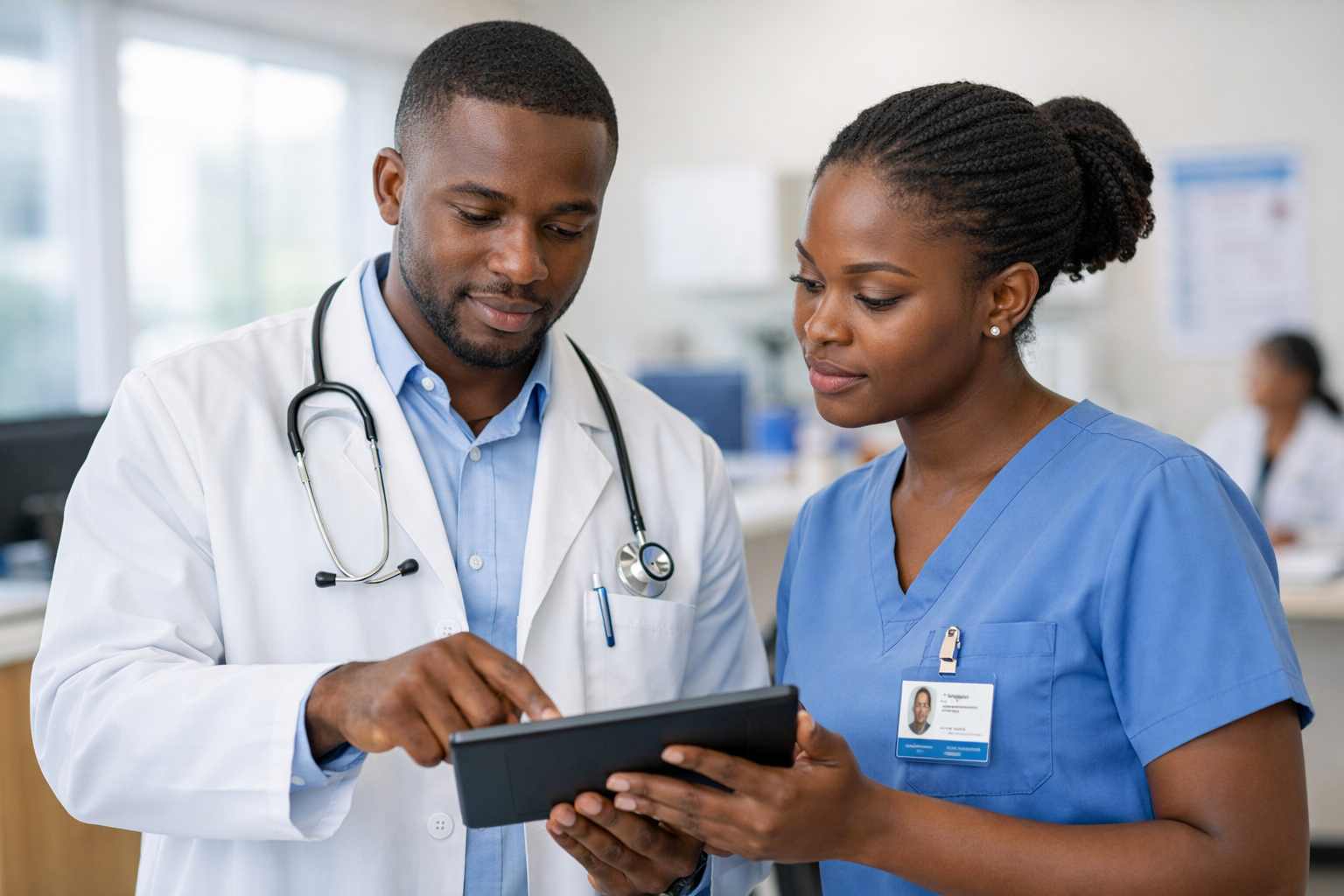 Professionnels de santé utilisant une tablette pour la gestion des soins - Docfira facilite la collaboration entre soignants et patients